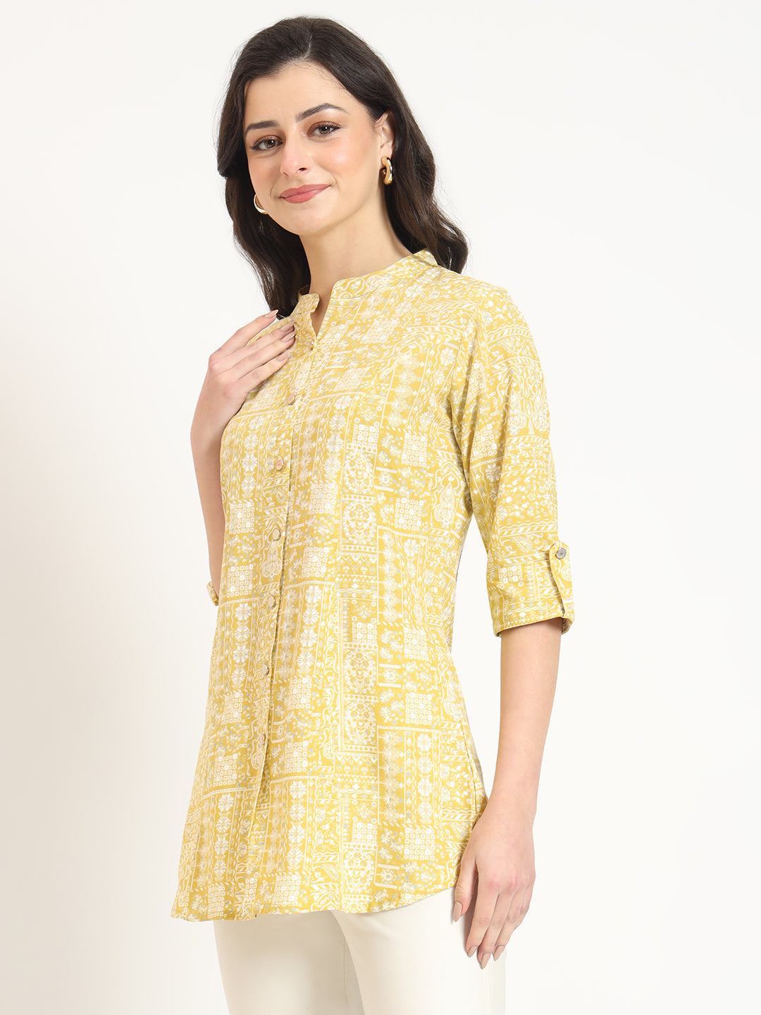 ESHANI Yellow Cotton Fabric Straight Top