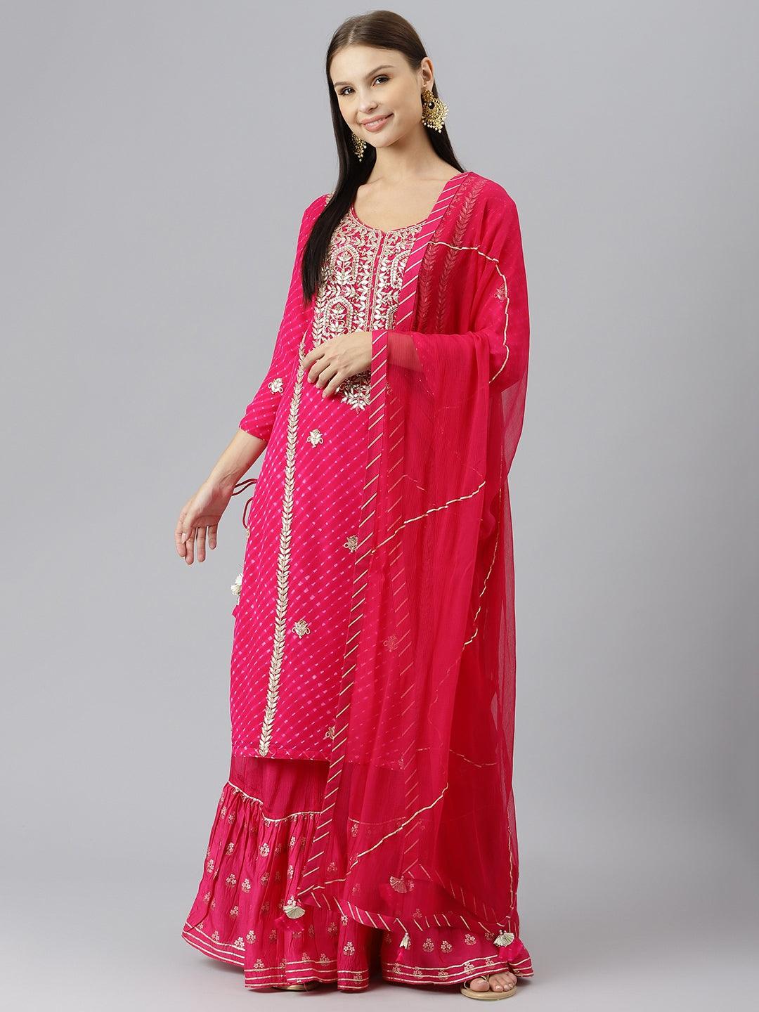 Eshani Pure georgette Jaipuri Mothda Rani Pink Kurta Sharara Set with Dupatta - divenaworld.com