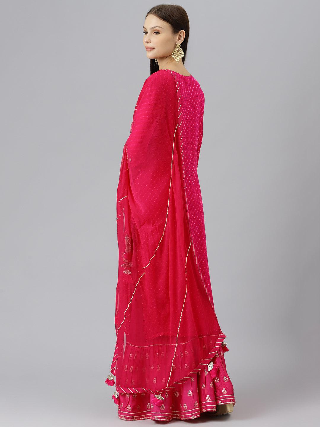 Eshani Pure georgette Jaipuri Mothda Rani Pink Kurta Sharara Set with Dupatta - divenaworld.com