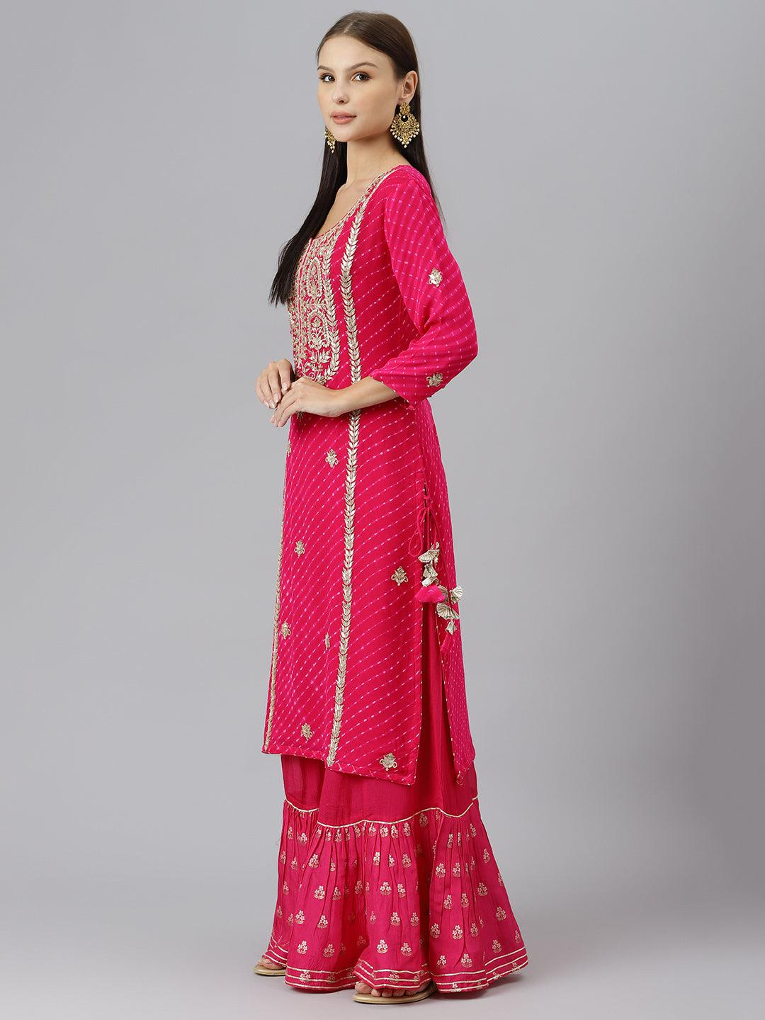 Eshani Pure georgette Jaipuri Mothda Rani Pink Kurta Sharara Set with Dupatta - divenaworld.com