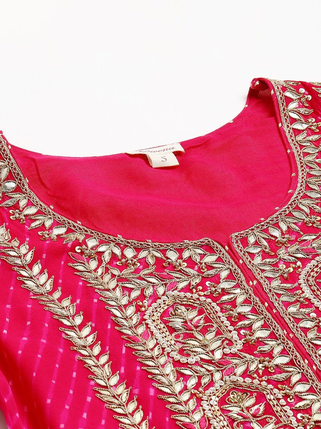 Eshani Pure georgette Jaipuri Mothda Rani Pink Kurta Sharara Set with Dupatta - divenaworld.com