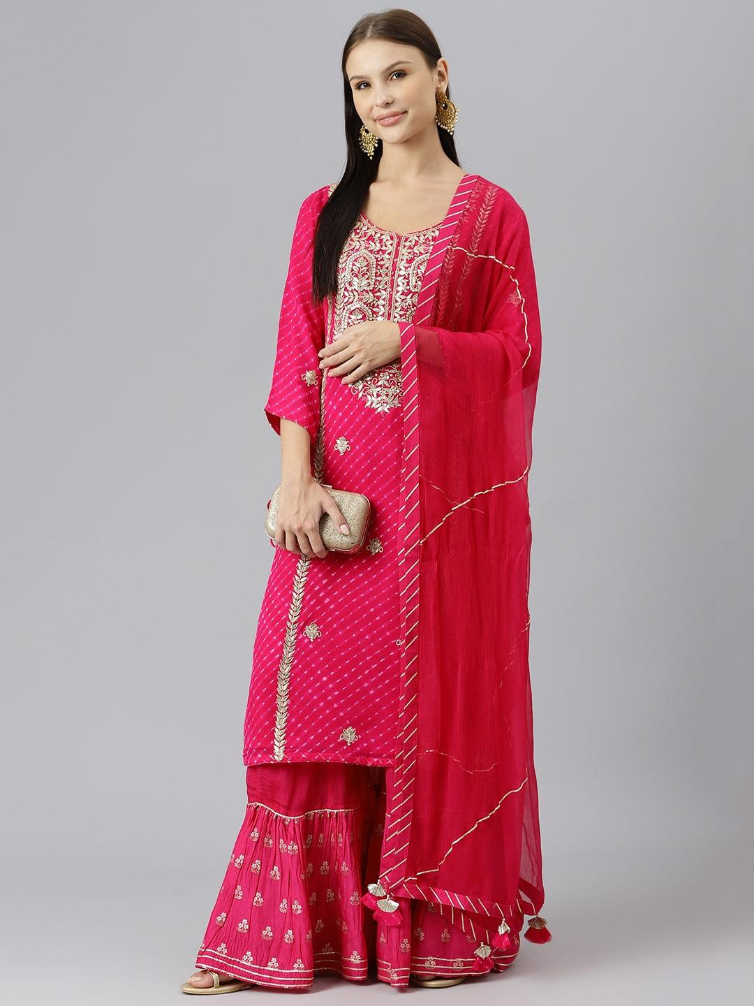 Eshani Pure georgette Jaipuri Mothda Rani Pink Kurta Sharara Set with Dupatta - divenaworld.com