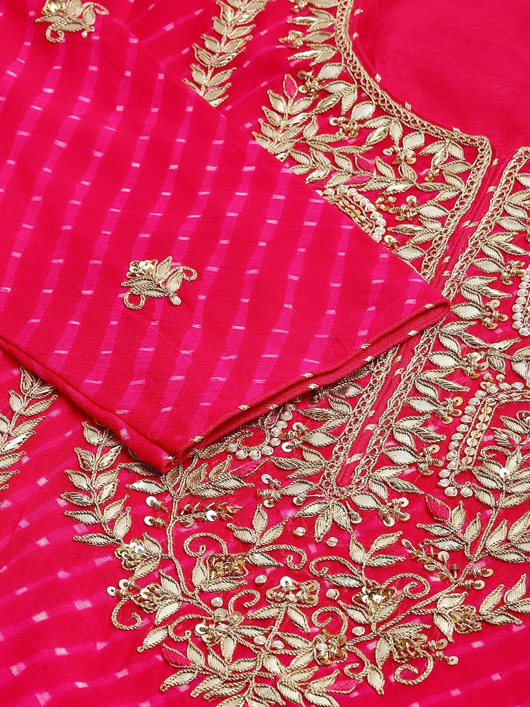 Eshani Pure georgette Jaipuri Mothda Rani Pink Kurta Sharara Set with Dupatta - divenaworld.com