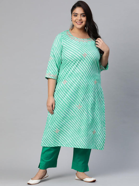 Plus Size Green Leheriya Cotton Gota Patti Straight Kurta - Eshani world