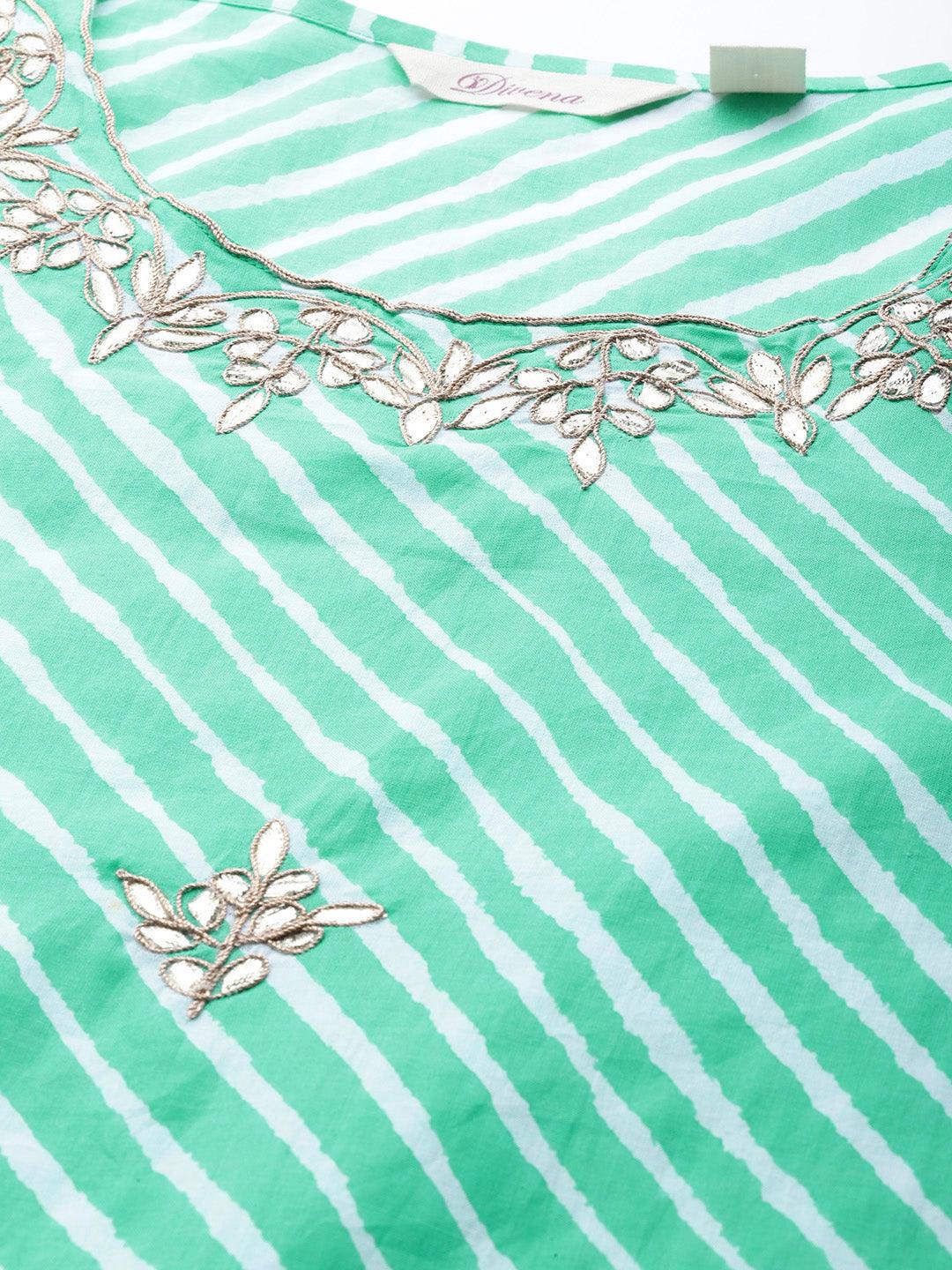 Plus Size Green Leheriya Cotton Gota Patti Straight Kurta - Eshani world