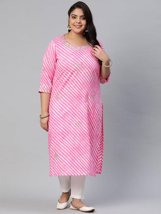 Plus Size Pink Lahariya Cotton Gota patti Straight Kurta - Eshani world