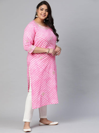 Plus Size Pink Lahariya Cotton Gota patti Straight Kurta - Eshani world