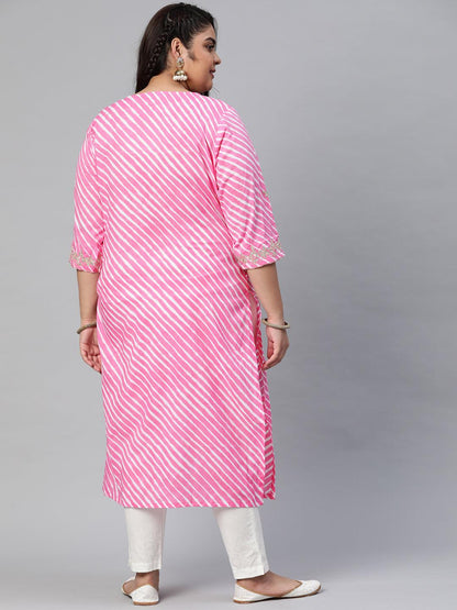 Plus Size Pink Lahariya Cotton Gota patti Straight Kurta - Eshani world