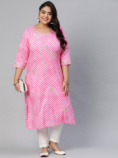 Plus Size Pink Lahariya Cotton Gota patti Straight Kurta - Eshani world