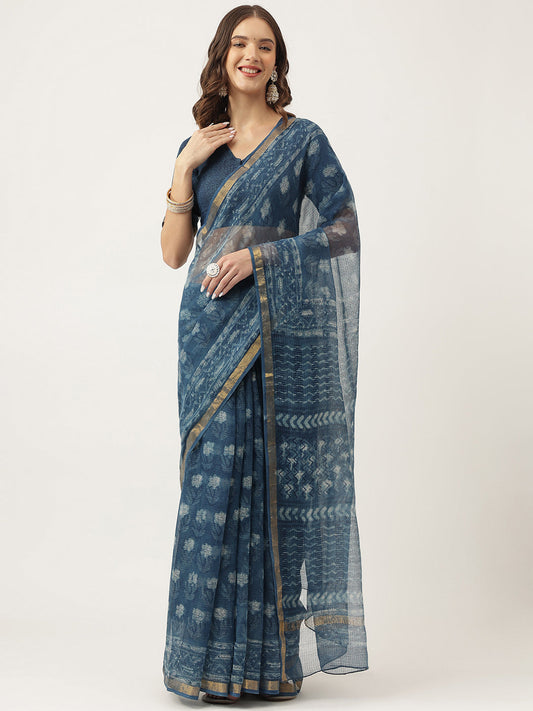 Eshani Indigo Blue HandBlock Kota Doria Saree