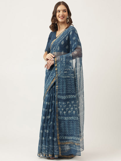 Eshani Indigo Blue HandBlock Kota Doria Saree