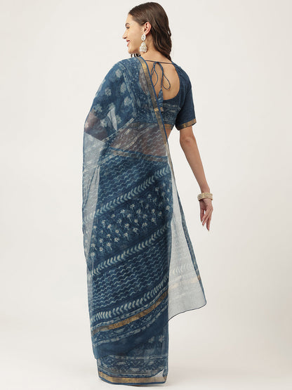 Eshani Indigo Blue HandBlock Kota Doria Saree