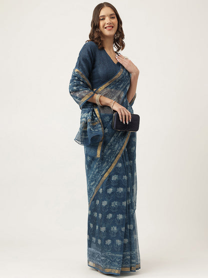 Eshani Indigo Blue HandBlock Kota Doria Saree