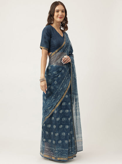 Eshani Indigo Blue HandBlock Kota Doria Saree