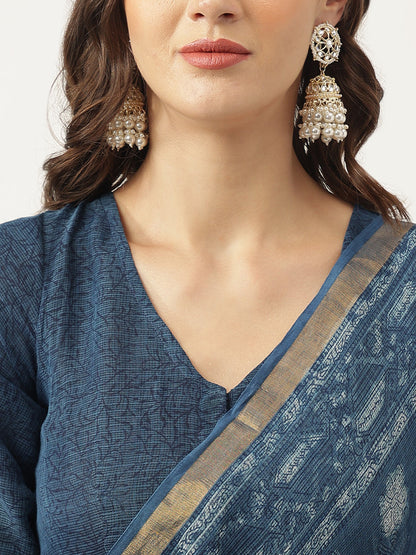 Eshani Indigo Blue HandBlock Kota Doria Saree