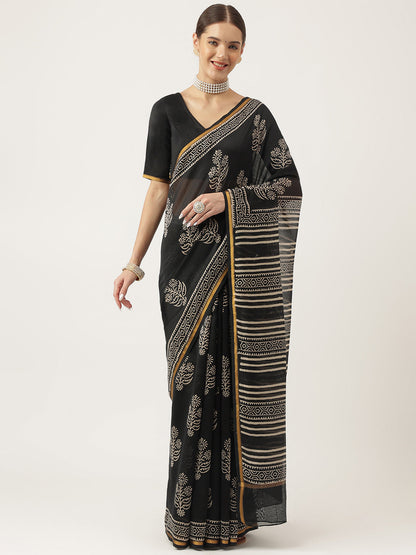 Eshani Black HandBlock Chanderi Silk Saree