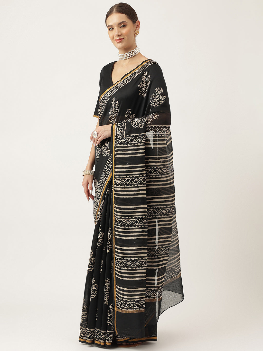 Eshani Black HandBlock Chanderi Silk Saree