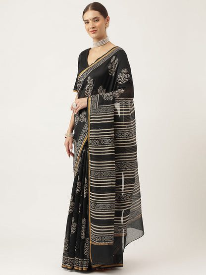 Eshani Black HandBlock Chanderi Silk Saree