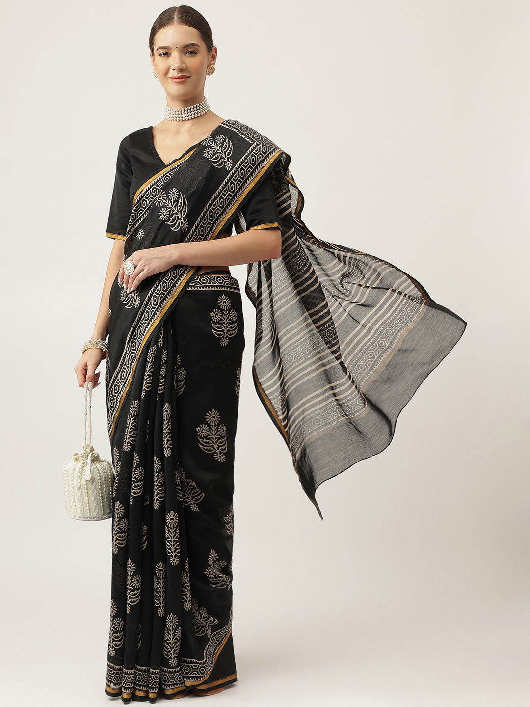 Eshani Black HandBlock Chanderi Silk Saree