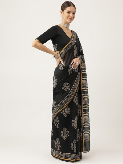 Eshani Black HandBlock Chanderi Silk Saree