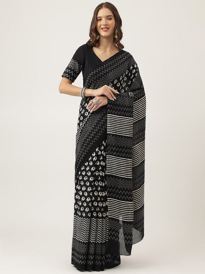 Eshani Black HandBlock MulMul Cotton Saree