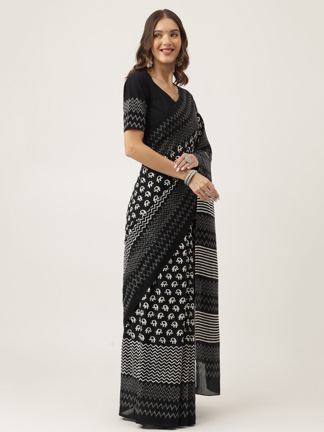 Eshani Black HandBlock MulMul Cotton Saree