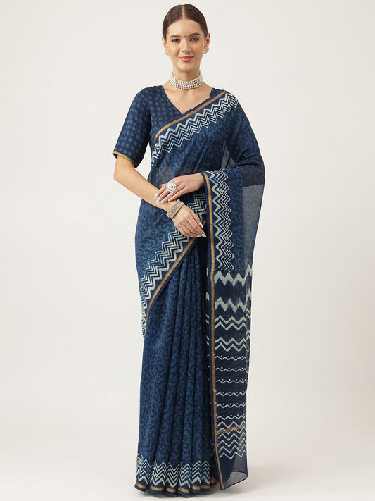 Eshani Indigo blue HandBlock Chanderi Silk Saree