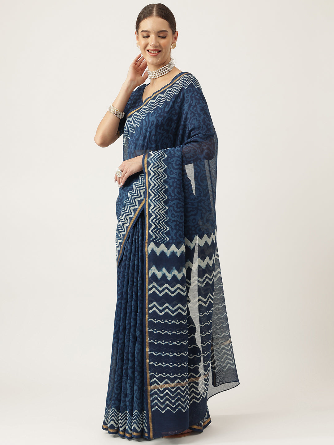 Eshani Indigo blue HandBlock Chanderi Silk Saree