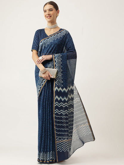 Eshani Indigo blue HandBlock Chanderi Silk Saree