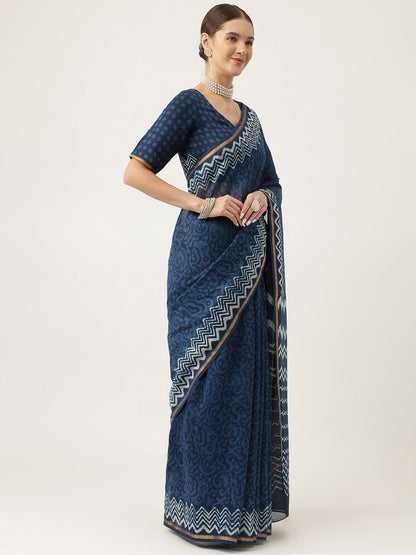 Eshani Indigo blue HandBlock Chanderi Silk Saree