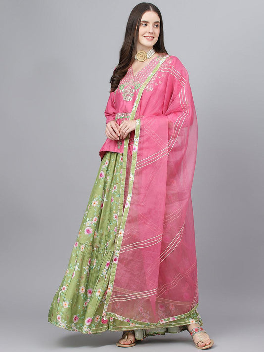 Eshani Pink and Green Russian Silk Flared Lehenga Choli Set with Organza Dupatta - Eshani world