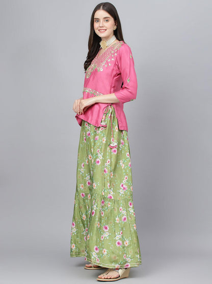 Eshani Pink and Green Russian Silk Flared Lehenga Choli Set with Organza Dupatta - Eshani world