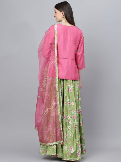 Eshani Pink and Green Russian Silk Flared Lehenga Choli Set with Organza Dupatta - Eshani world