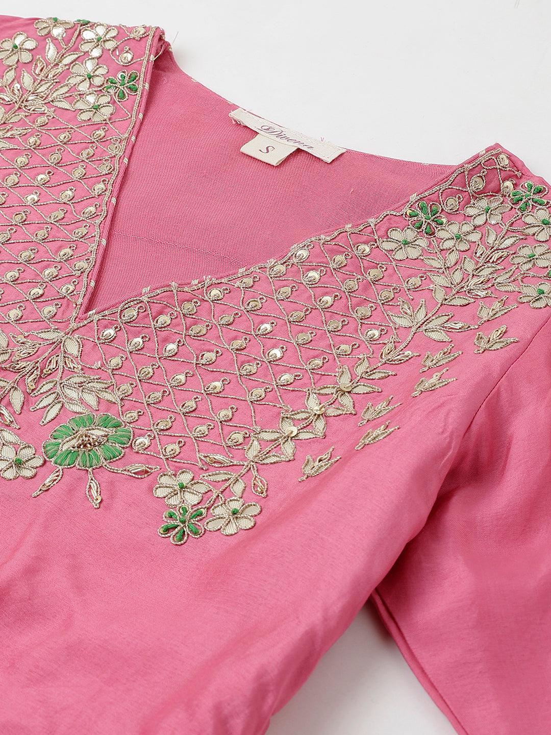 Eshani Pink and Green Russian Silk Flared Lehenga Choli Set with Organza Dupatta - Eshani world