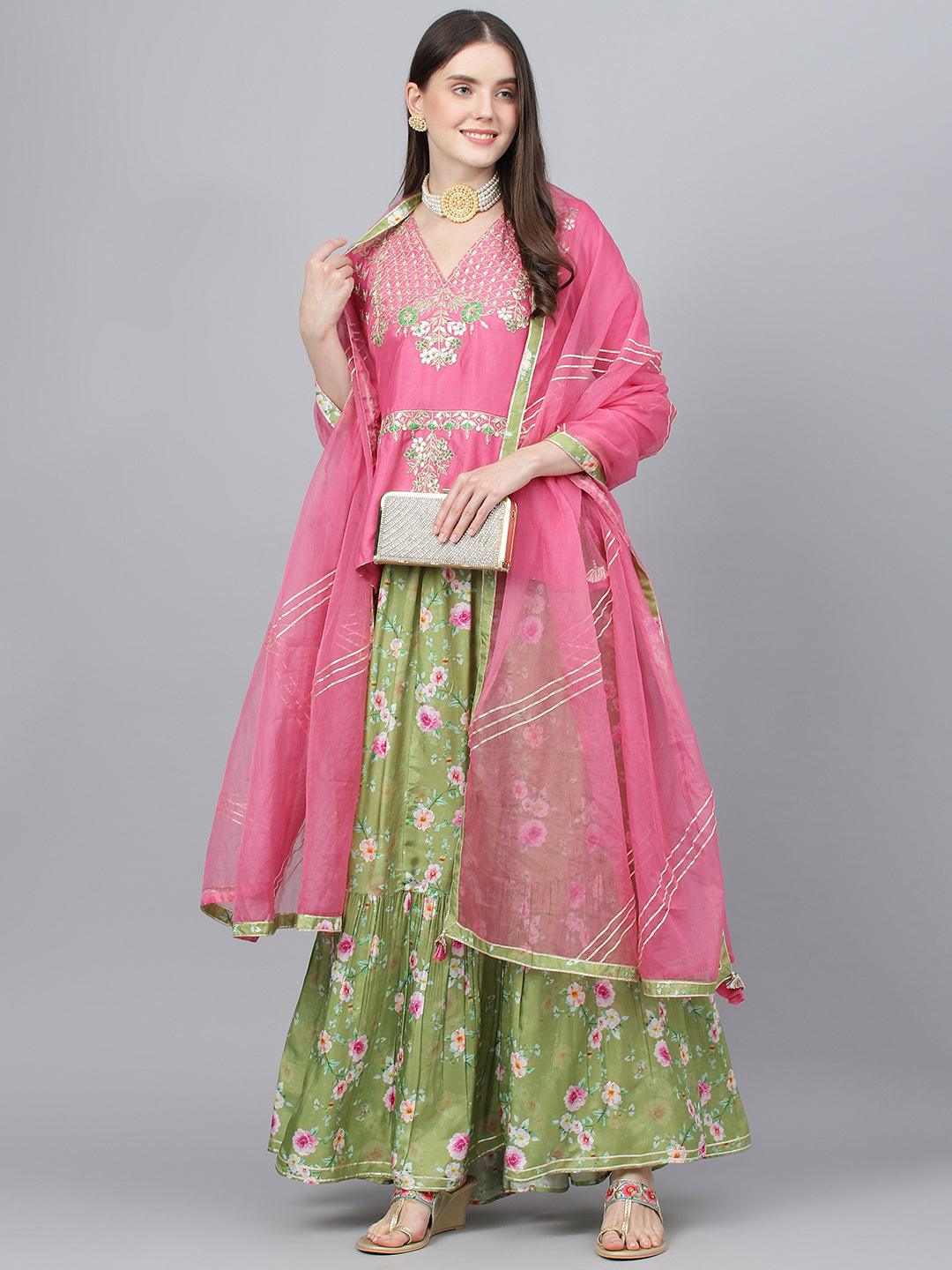 Eshani Pink and Green Russian Silk Flared Lehenga Choli Set with Organza Dupatta - Eshani world