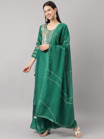 Eshani Green uppada silk Hand embroidery Kurta Sharara with Organza dupatta - Eshani world