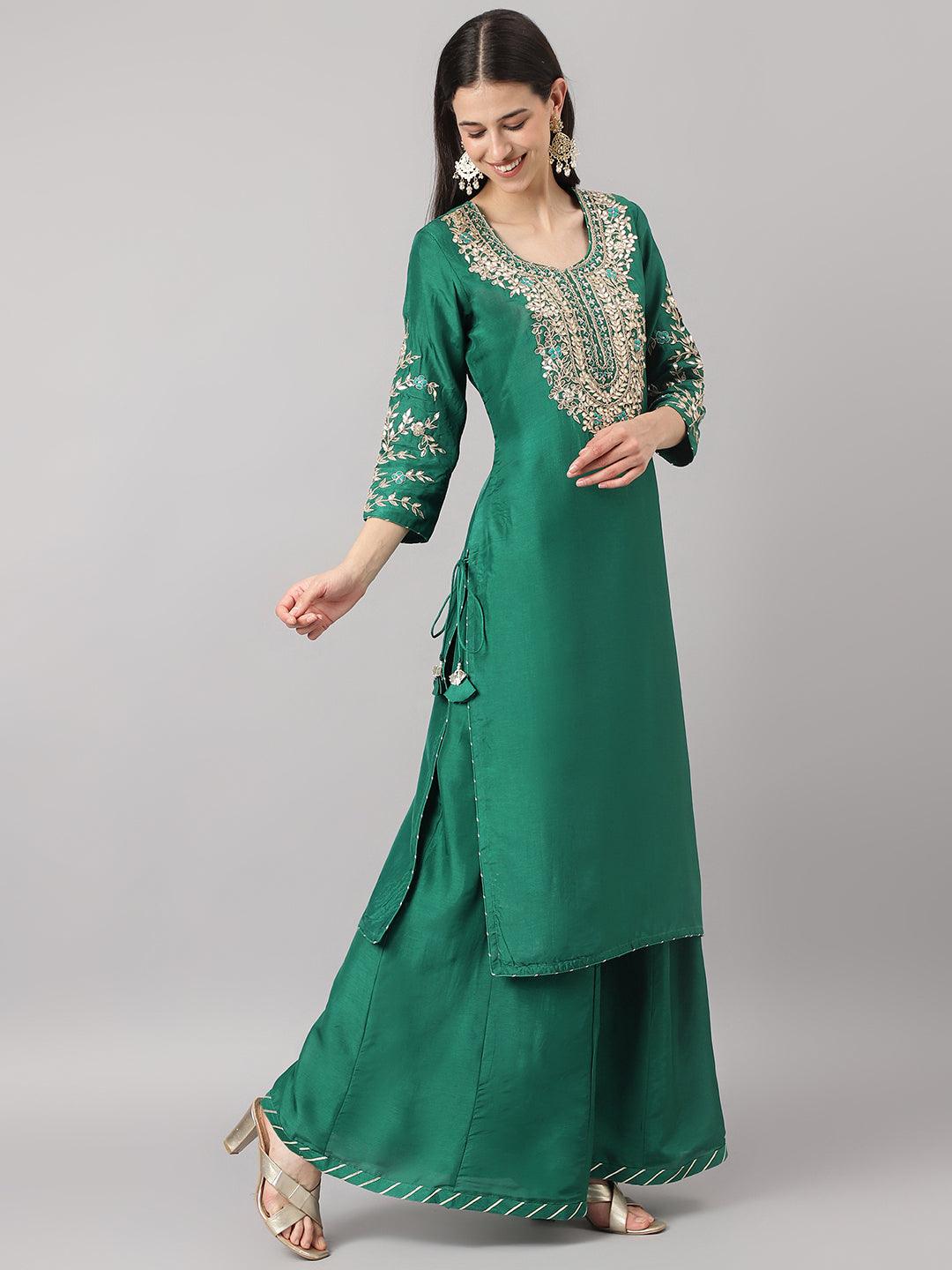 Eshani Green uppada silk Hand embroidery Kurta Sharara with Organza dupatta - Eshani world