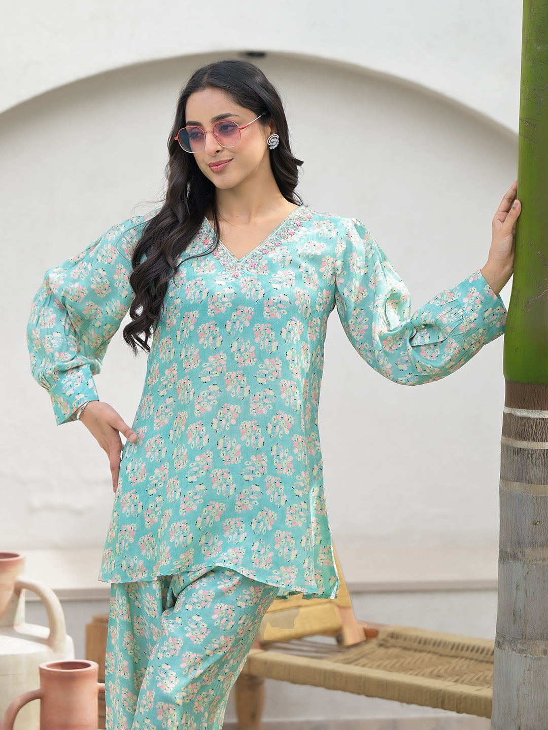 ESHANI Green Embroidered V-Neck Top With Trousers Co-Ords