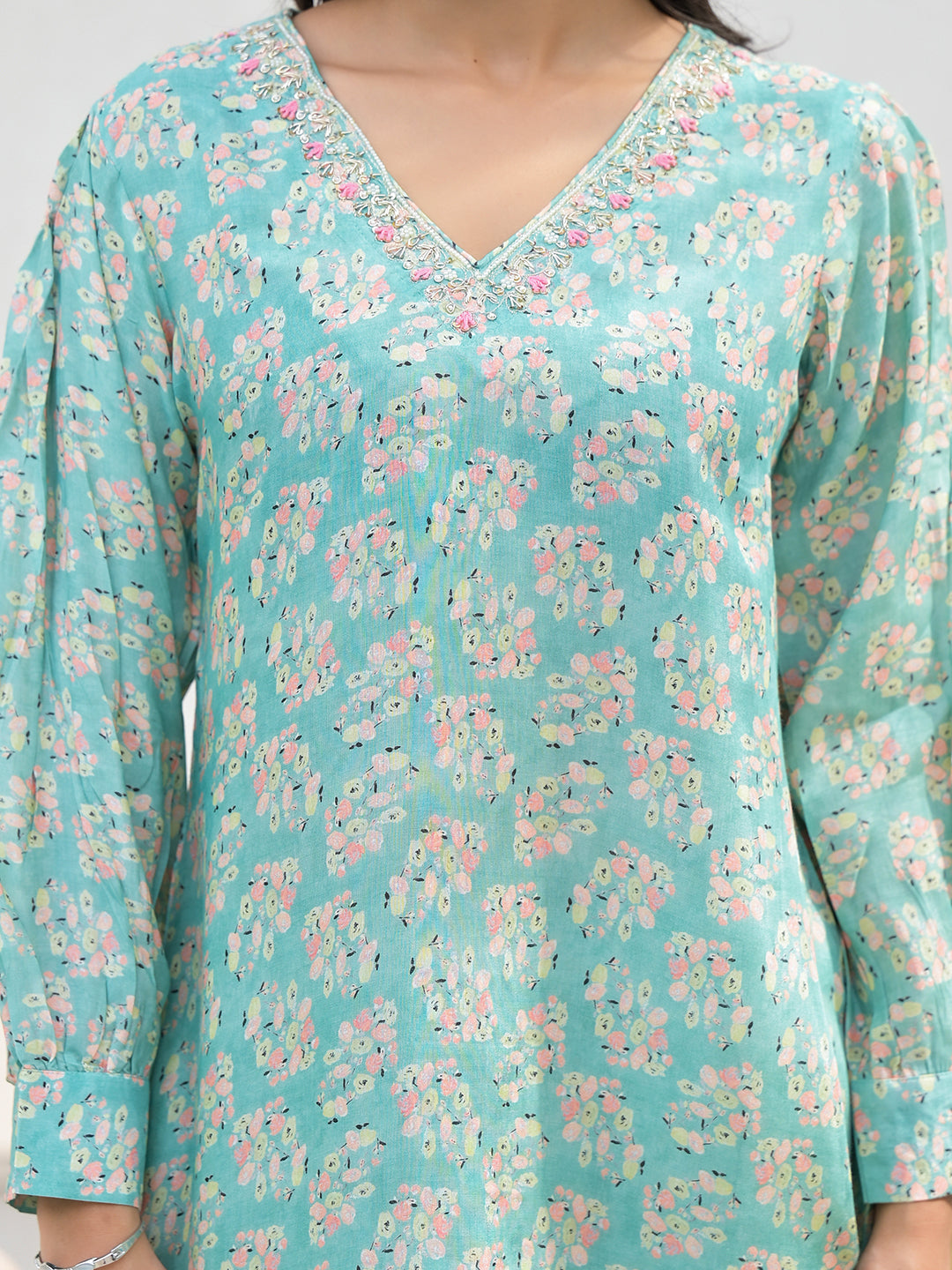 ESHANI Green Embroidered V-Neck Top With Trousers Co-Ords