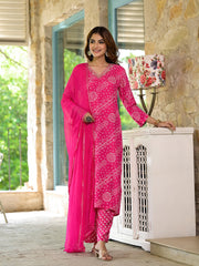 ESHANI Pink Bandhni Printed Zari Work Muslin Kurta Set