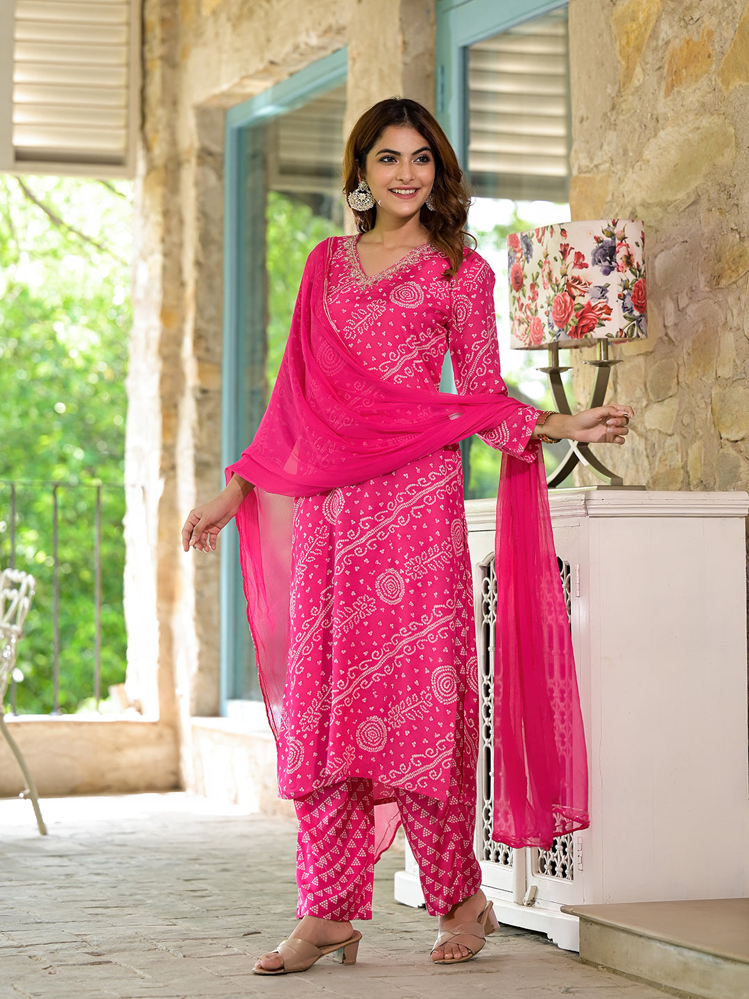 ESHANI Pink Bandhni Printed Zari Work Muslin Kurta Set