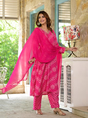 ESHANI Pink Bandhni Printed Zari Work Muslin Kurta Set