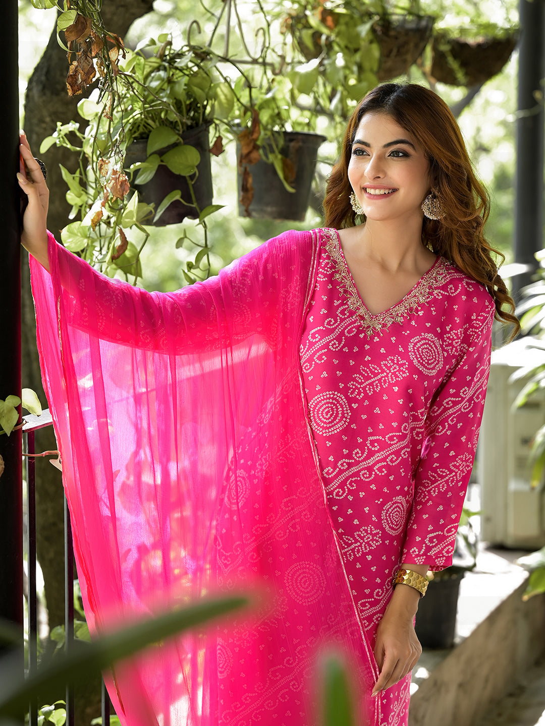 ESHANI Pink Bandhni Printed Zari Work Muslin Kurta Set