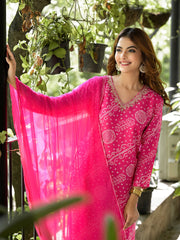 ESHANI Pink Bandhni Printed Zari Work Muslin Kurta Set