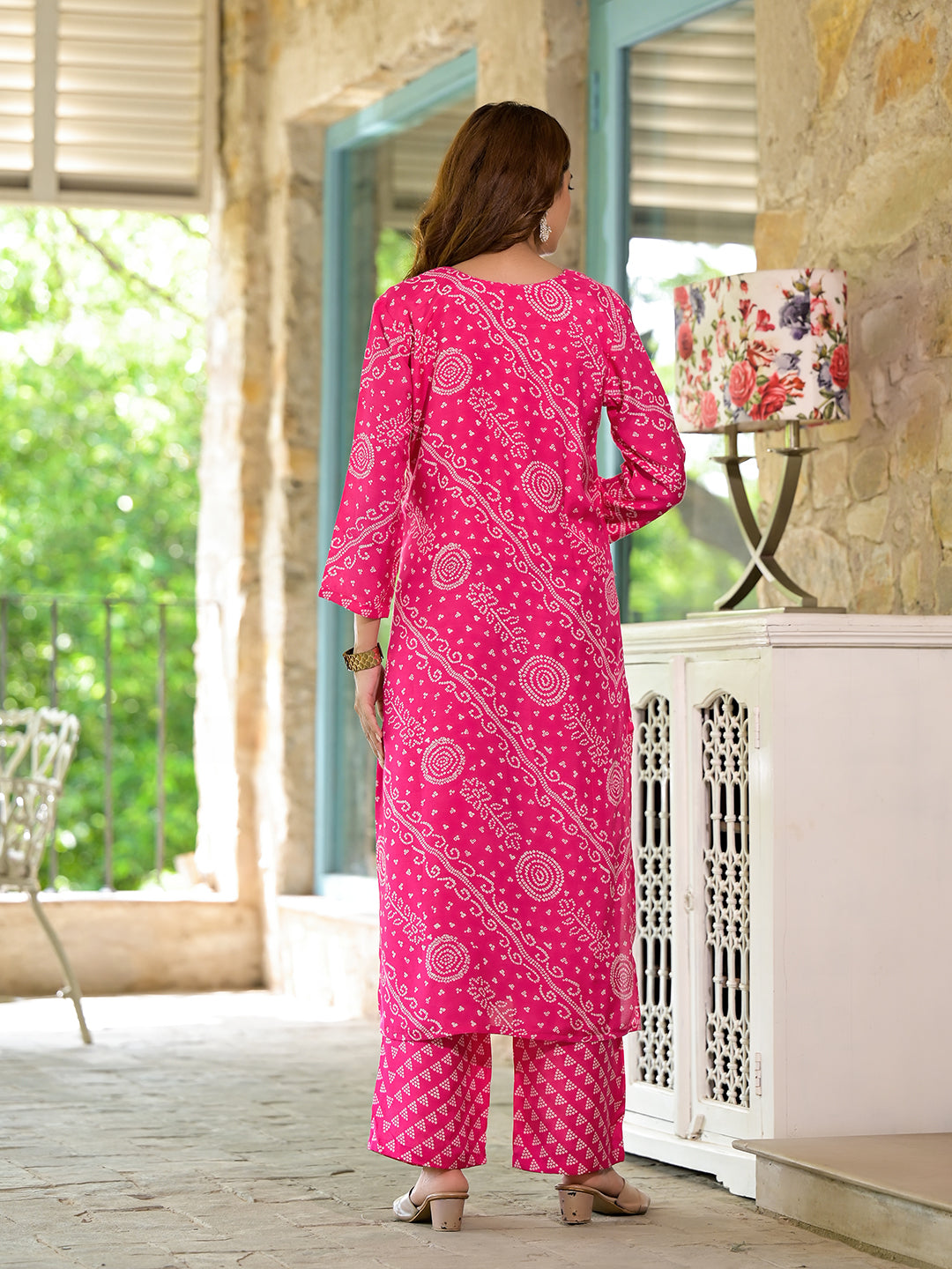 ESHANI Pink Bandhni Printed Zari Work Muslin Kurta Set