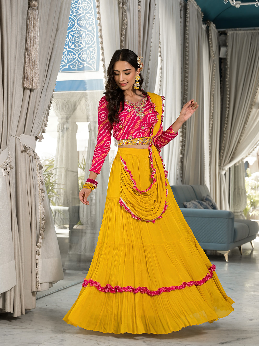 Mustard Yellow Bandhani print with Zardozi & Gota Work Pure Chinon Fabric Lehenga Crop Top with Dupatta