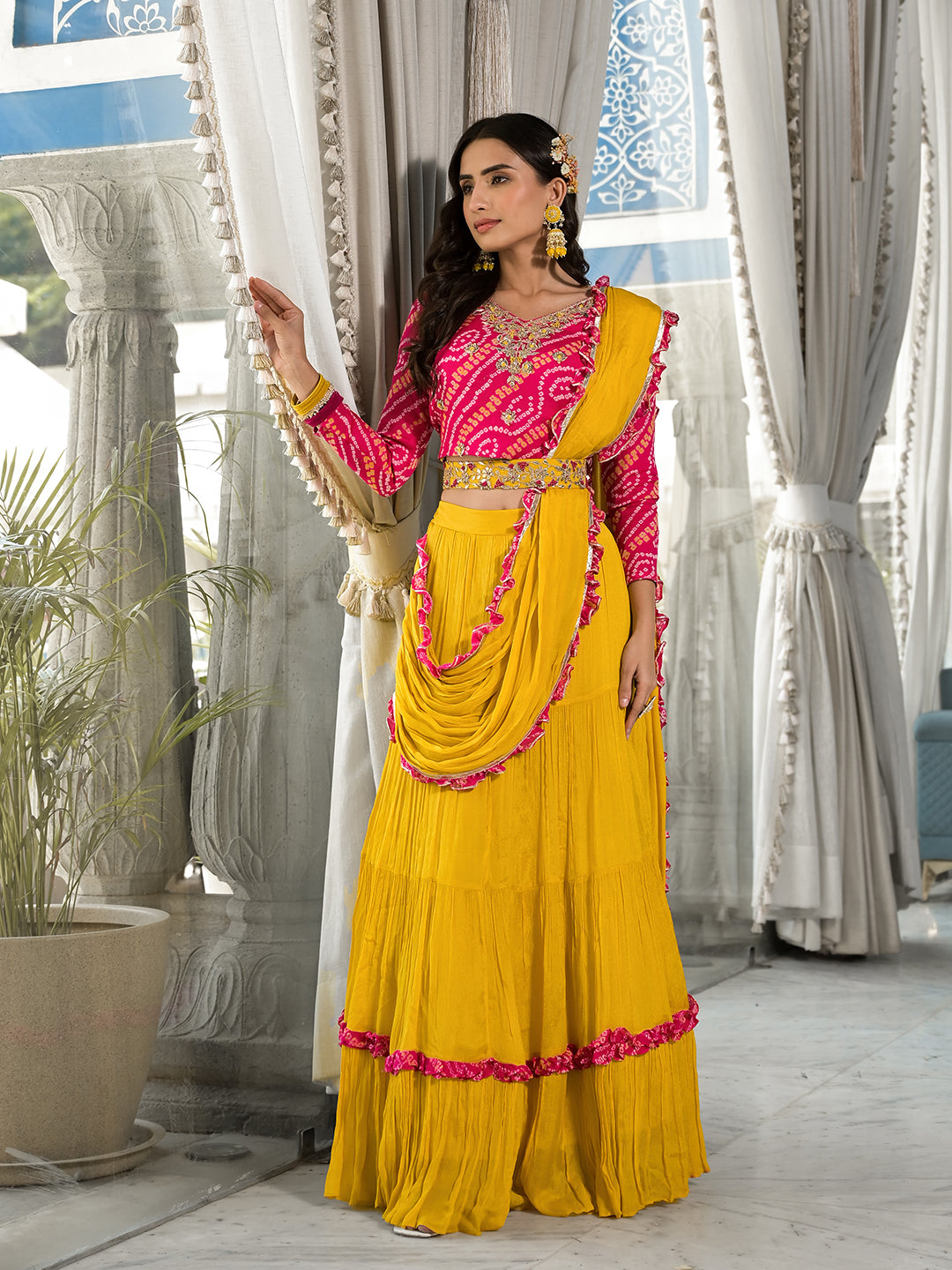 Mustard Yellow Bandhani print with Zardozi & Gota Work Pure Chinon Fabric Lehenga Crop Top with Dupatta