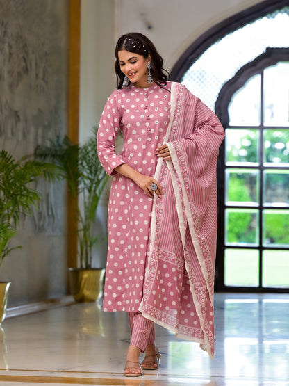 Eshani Light Pink Printed Pure Cotton Straight Kurta & Trouser with Dupatta