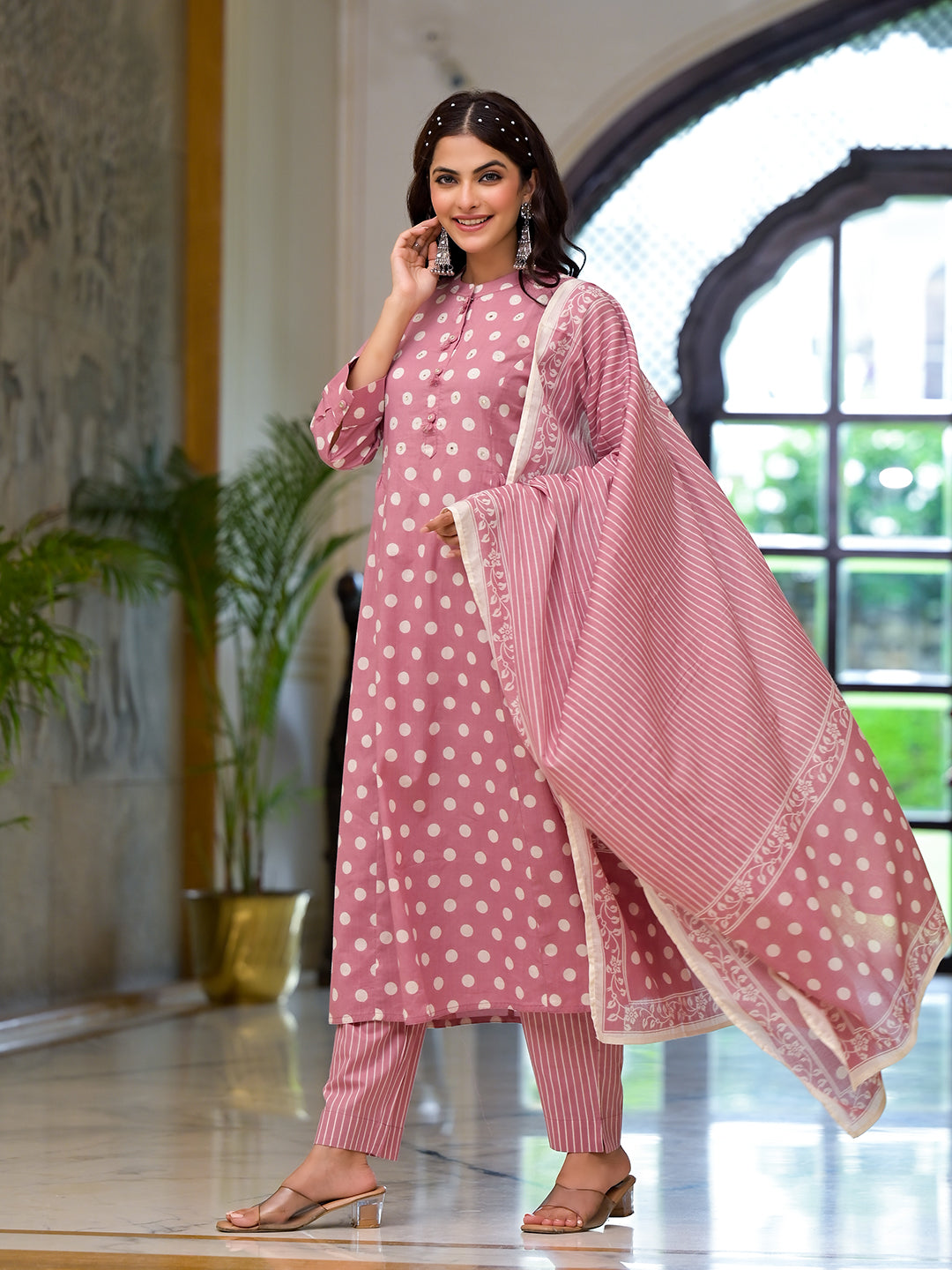 Eshani Light Pink Printed Pure Cotton Straight Kurta & Trouser with Dupatta