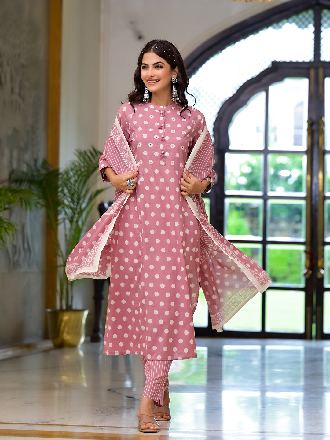 Eshani Light Pink Printed Pure Cotton Straight Kurta & Trouser with Dupatta